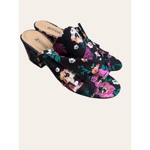 Just Fab Minna Black Floral Ruffle Slip On Block Heel Mule Sandals Size 9.5
